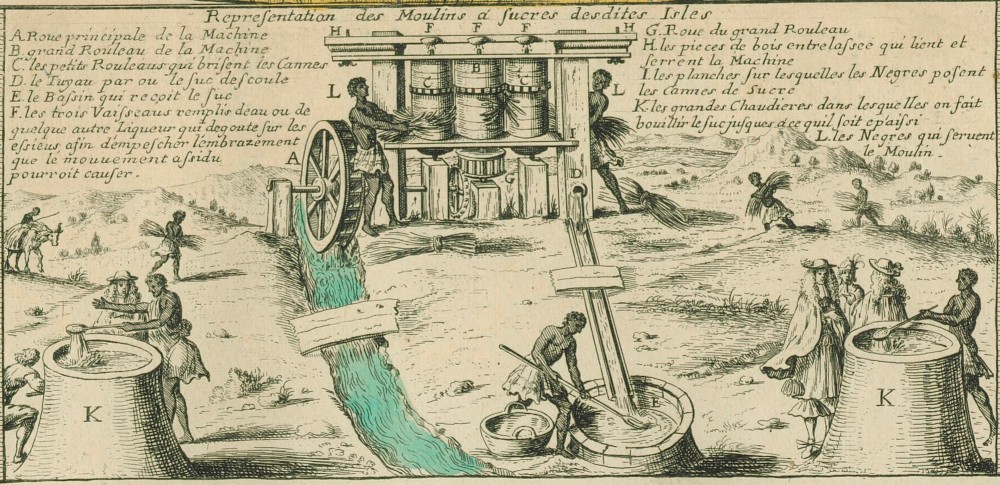Tekening van een suikermolen en enkele werkende slaven, met daarnaast bestuurders van de Franse Oost-Indische Compagnie