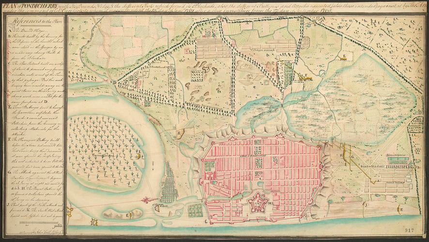Kaart van Pondicherry, vervaardigd n.a.v. de inname door de Engelsen in 1761. 