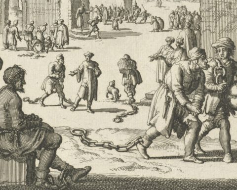 'Christenslaven bewegen zich met ketens aan hun enkels voort' - Jan Luyken, 1684