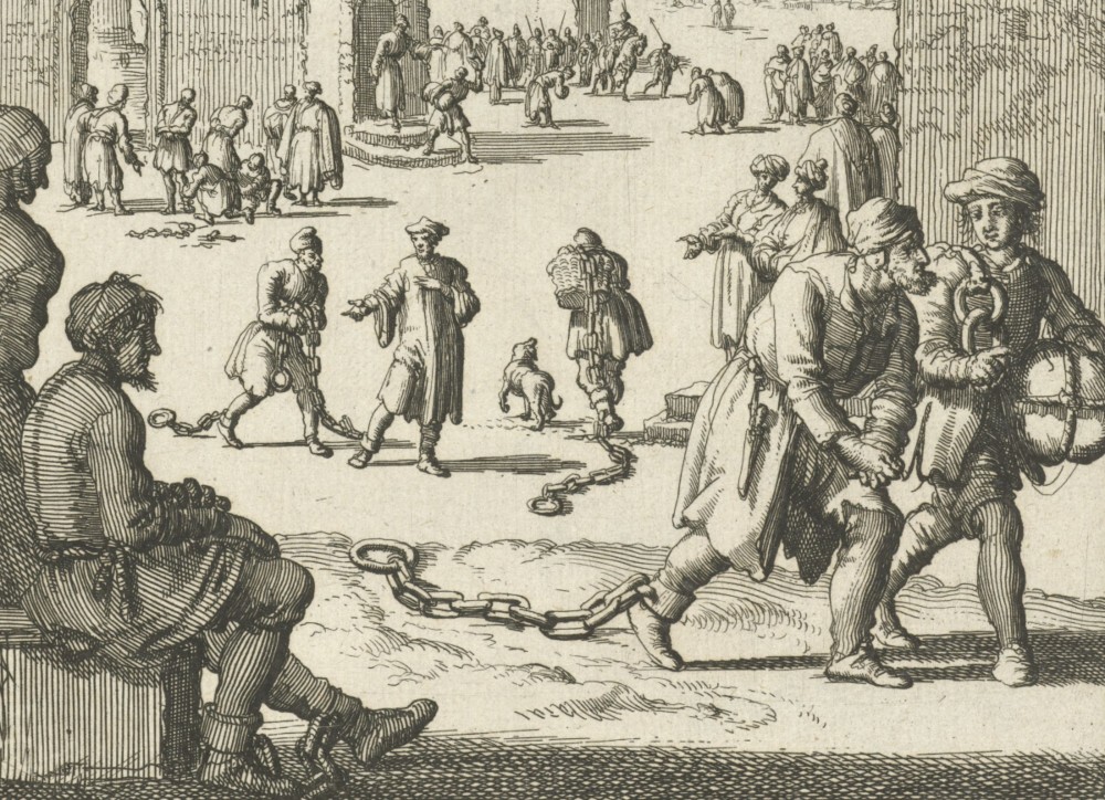 'Christenslaven bewegen zich met ketens aan hun enkels voort' - Jan Luyken, 1684