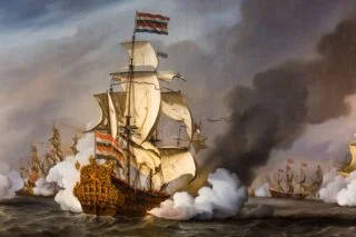 De zeeslag bij Kijkduin, 21 augustus 1673 (detail). Willem van de Velde de Jonge, 1687