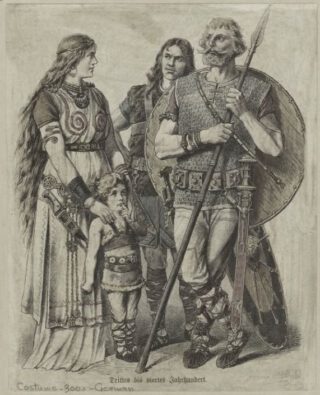 Geromantiseerde Duitse afbeelding uit 1913 van derde- en vierde-eeuwse Germanen. Bron: Alte Volkstrachten
