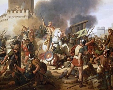 Graaf Odo verdedigt Parijs tegen de Vikingen, geschilderd door Jean-Pierre Franque (1837)