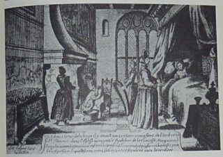 Kraambed van Margaretha van Holland, naar een schilderij van Petrius Kaerius