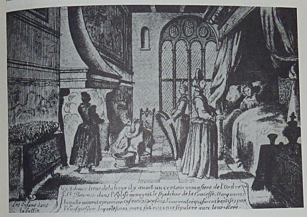 Kraambed van Margaretha van Holland, naar een schilderij van Petrius Kaerius