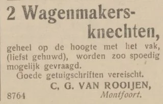 Personeelsadvertentie van wagenmakerij Van Rooijen in RK Dagblad 'Het huisgezin', 1 december 1907