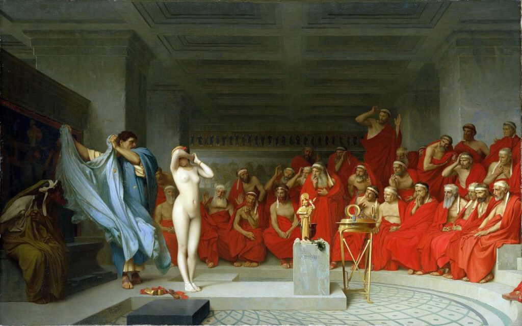 Hyperides trekt het kleed van Phryne weg - Schilderij van Jean-Léon Gérôme