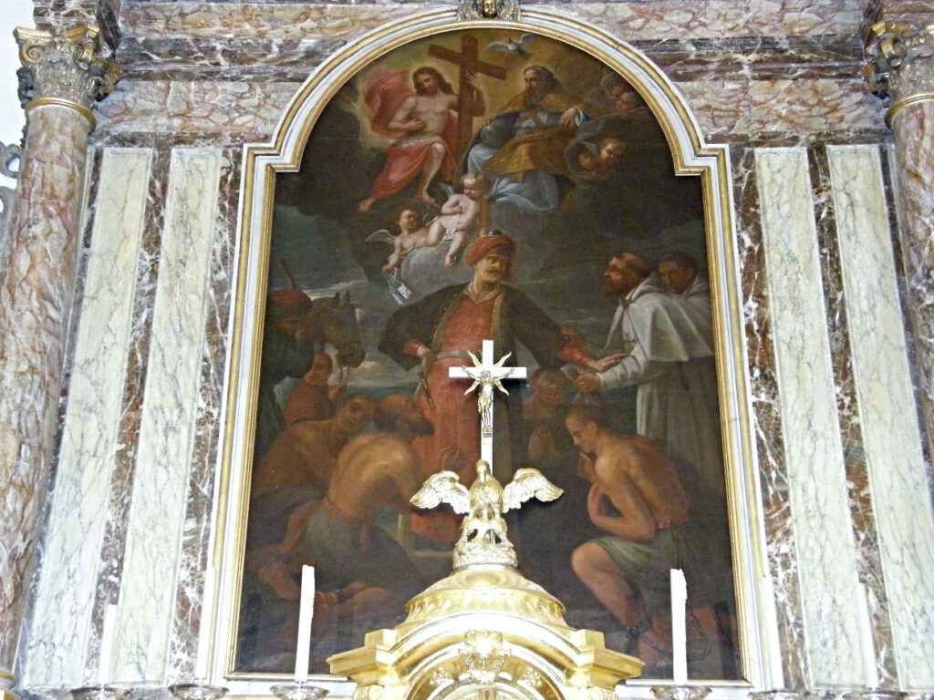 Schilderij in de St. Jacobskerk in Gent waarop een impressie wordt gegeven van het werk van de Trinitariërs