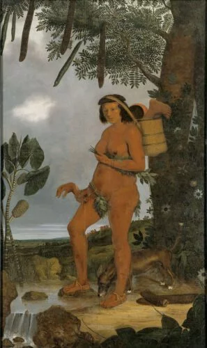 Tapoeya vrouw met menselijke lichaamsdelen in haar hand - Albert Eckhout, 1641 