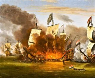 Het verbranden van de Royal James tijdens de Slag bij Solebay, door Willem van de Velde
