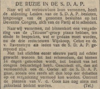 Bericht over het conflict binnen de SDAP in 
'De Tĳd' van 16 februari 1909