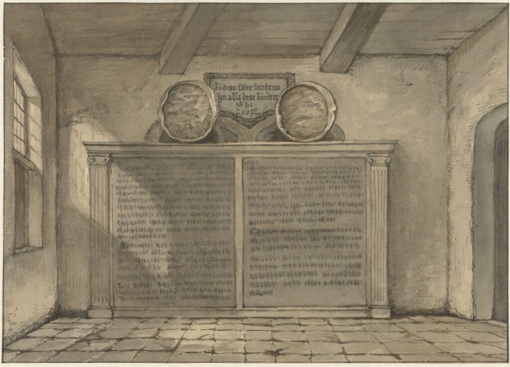 Twee koperen doopbekkens in de kerk te Loosduinen, Gerrit Lamberts, 1837 - Bijschrift: "In deze twee beckens sijn alle dese kindere ghedoopt" 
