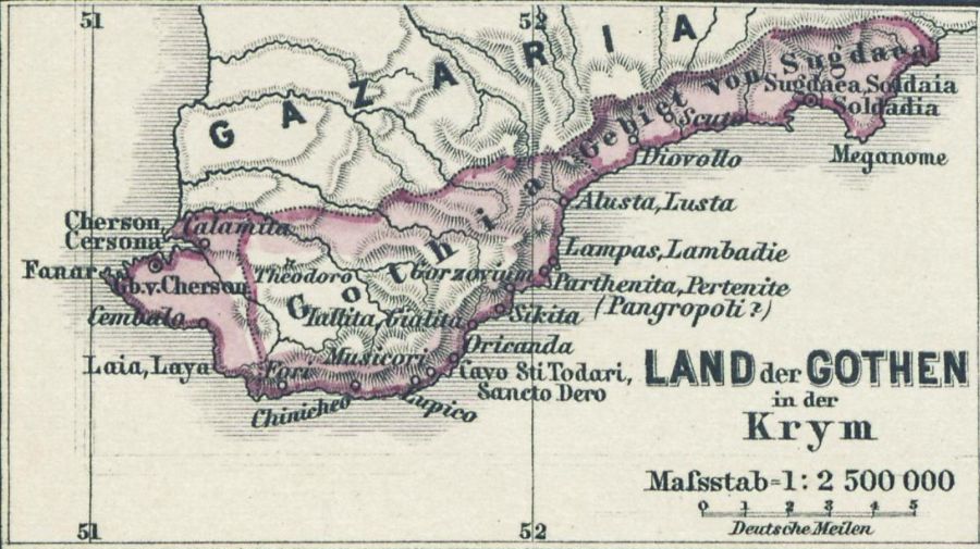 Duitse kaart van ‘land der Goten op de Krim’ uit 1880. ‘Gazaria’ was de naam die de Genuezen aan de Krim gaven. Bron: Geoport Ost, Leibniz-Institut für Ost- und Südosteuropaforschung