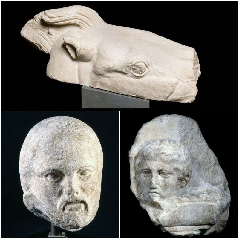 Drie fragmenten van het Parthenon die eind 2022 door het Vaticaan teruggegeven werden aan Griekenland
