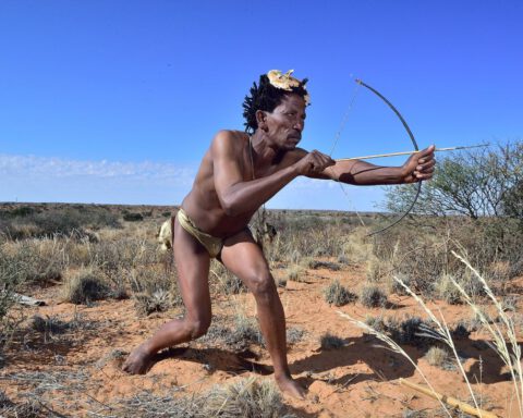 Een lid van de San-stam in Zuid-Afrika. Veel leden van deze stam leven vandaag de dag nog als jager-verzamelaar