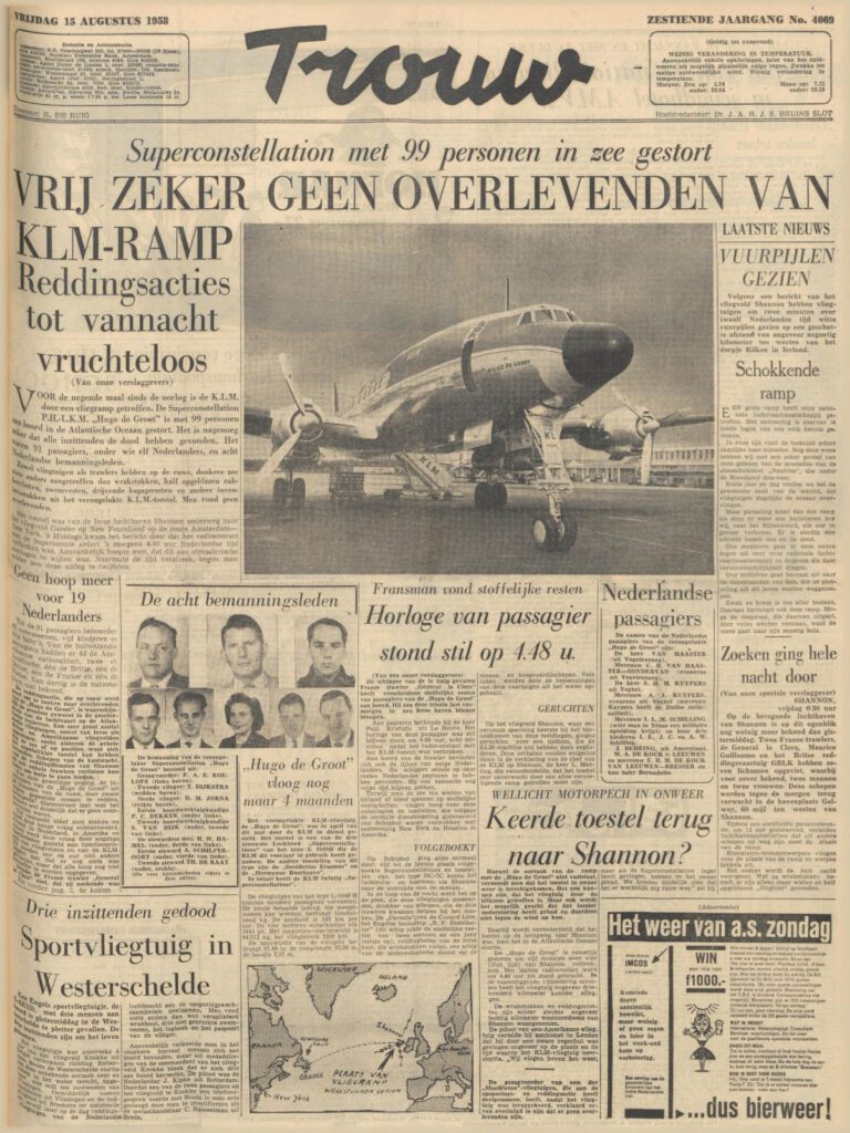 Voorpagina van dagblad Trouw volledig in teken van de vliegramp, 15 augustus 1958