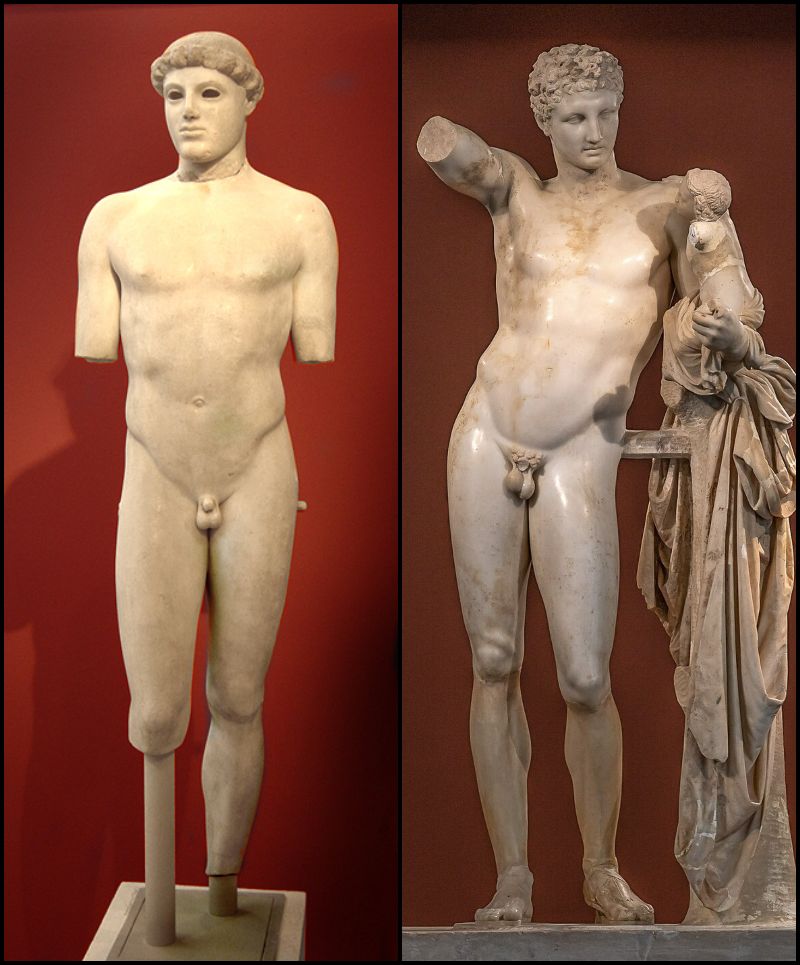 Contrapposto - De 'Kritios-jongen' (l) en 'Hermes en het kind Dionysus' (r)
