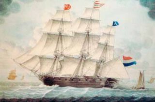 Een tweedeks fregatschip (de Abel Tasman), vergelijkbaar met het schip de Amstel, waarmee Pierre Jacques Benoit naar Suriname reisde in oktober/november 1828. Bron: website Stichting Maritiem Historische Database.