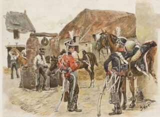 Nederlandse dragonders zoals ze in 1815 deelnamen aan de Slag bij Waterloo, getekend door de bekende militair illustrator Jan Hoynck van Papendrecht.