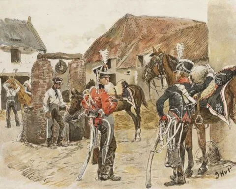 Nederlandse dragonders zoals ze in 1815 deelnamen aan de Slag bij Waterloo, getekend door de bekende militair illustrator Jan Hoynck van Papendrecht.