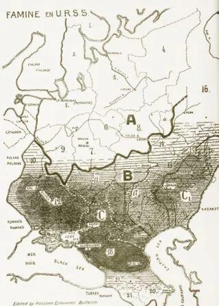 Holodomor. Gebied van de hongersnood in zwart, 1932-1933