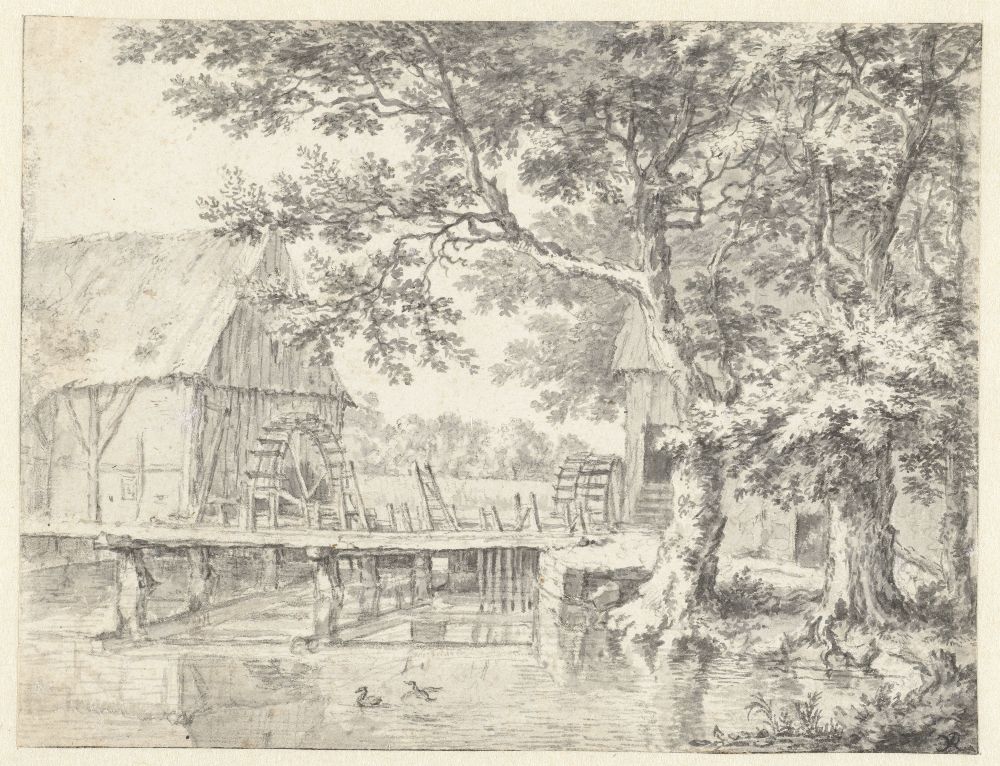 Jacob van Ruisdael, Twee watermolens aan weerszijden van een sluis, ca. 1660-1670