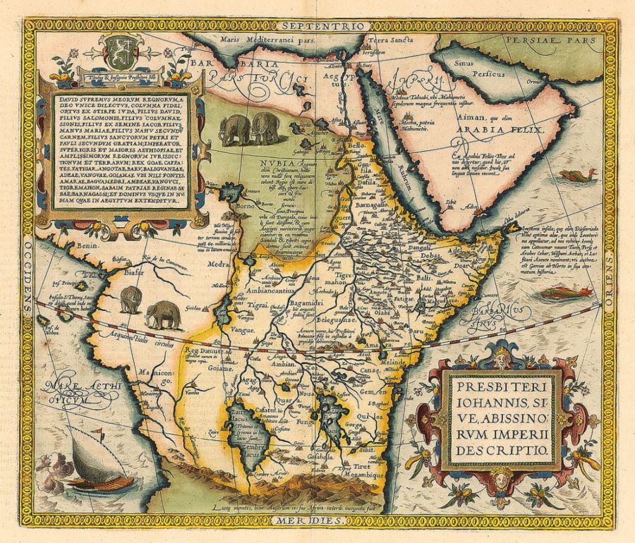 Het rijk van Pape Jan vereenzelvigd met Ethiopië op een 16e-eeuwse kaart