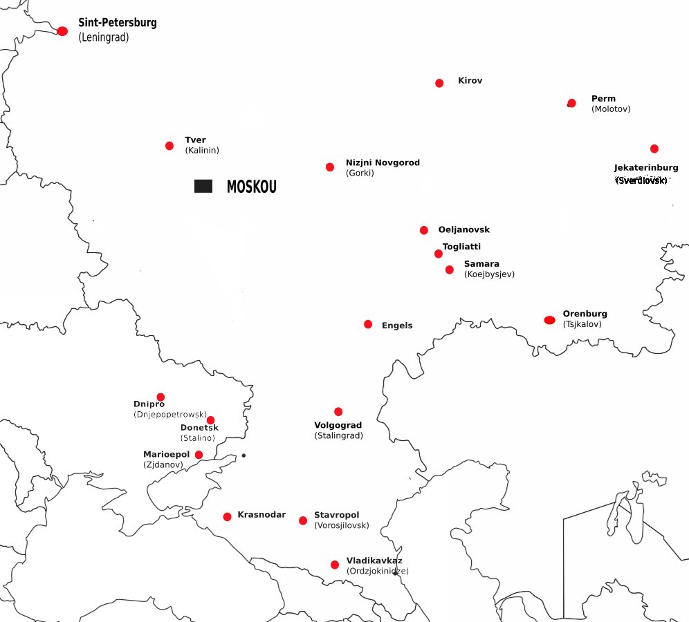 Enkele grote steden in Europees Rusland en Oekraïne die van naam zijn veranderd