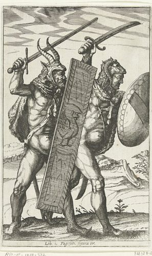 Twee Germaanse krijgers met schilden