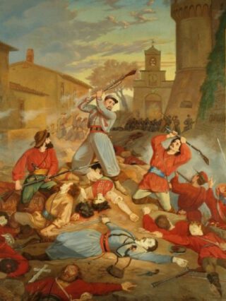 Pieter Jong in Montelibretti. Op de voorgrond ligt de gesneuvelde luitenant Guillemin. Het schilderij werd vervaardigd door Petrus Faber zelf ook oud-zoeaaf.