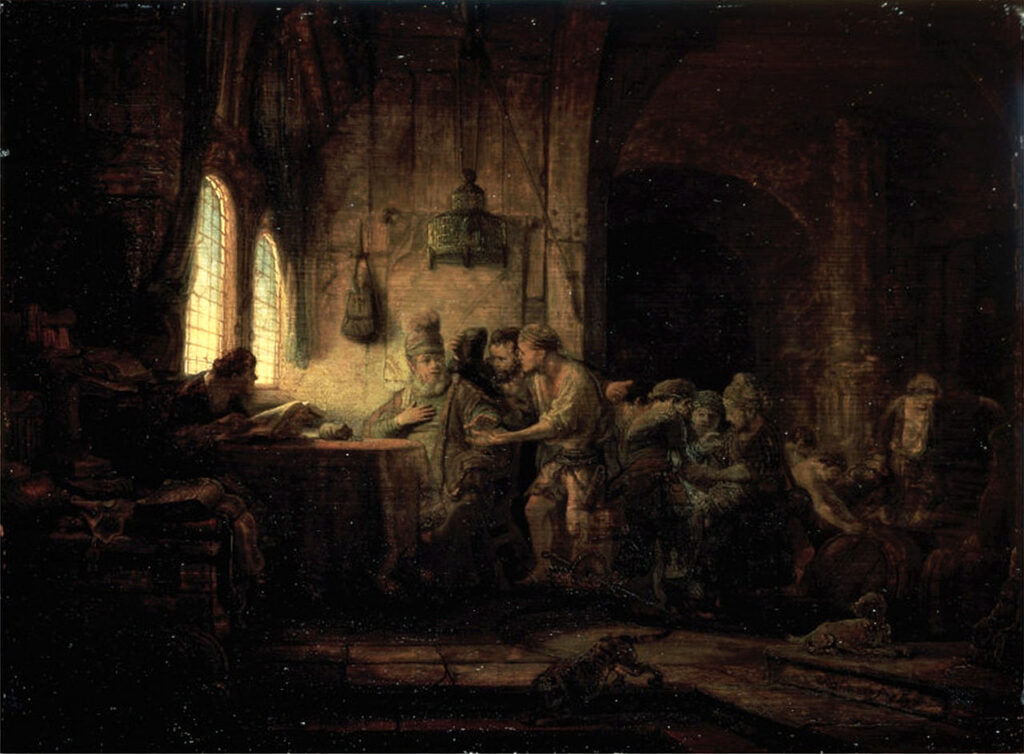 Schilderij van Rembrandt uit 1637 waarop te zien is hoe de arbeiders aan het eind van de dag worden betaaldSchilderij van Rembrandt uit 1637 waarop te zien is hoe de arbeiders aan het eind van de dag worden betaald