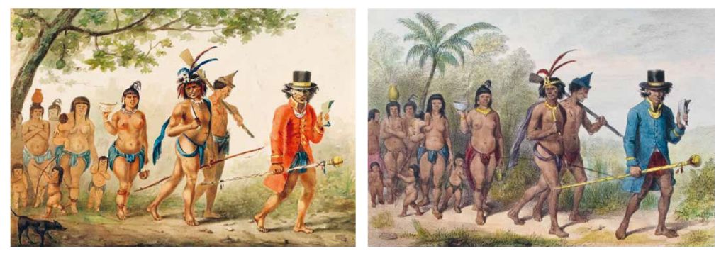 ‘Marche d’une tribu.’ Links een tekening in kleur, toegeschreven aan Pierre Jacques Benoit en rechts dezelfde afbeelding in de steendruk die Jean-Baptiste Madou naar de tekening maakte.