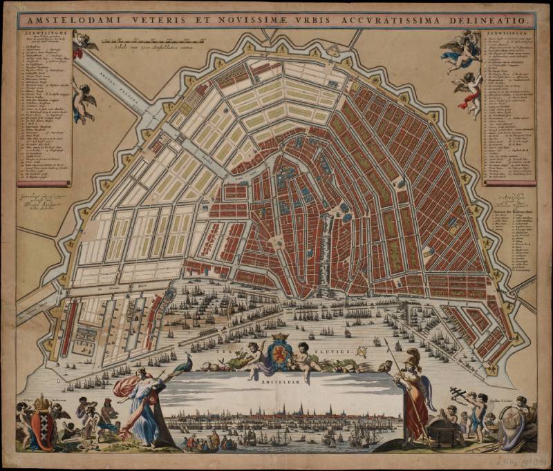 Kaart van Amsterdam door de stadsarchitect Daniel Stalpaert, juist na aanvang van de Vierde Uitleg, rond 1662. Met onderin een afbeelding van het zicht vanaf het IJ.