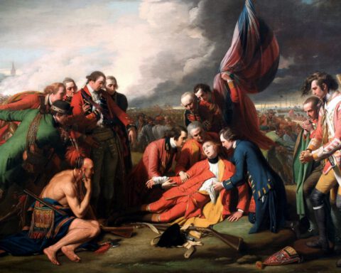De dood van James Wolfe, de aanvoerder van de Britse troepen, tijdens de Slag om Quebec (1759). Schilderij door Benjamin West (1738–1820), 1770. National Gallery of Canada (ID: 8007)