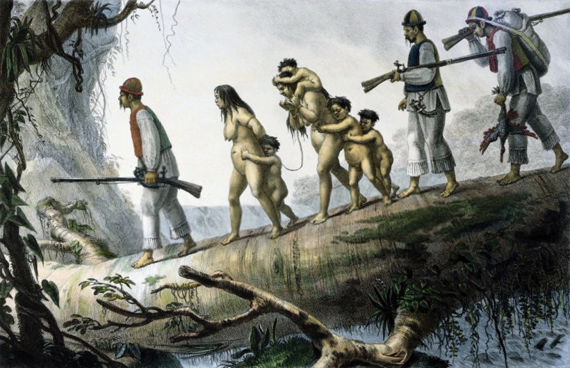 Een Guarani-familie gevangen genomen door  slavenhandelaren
