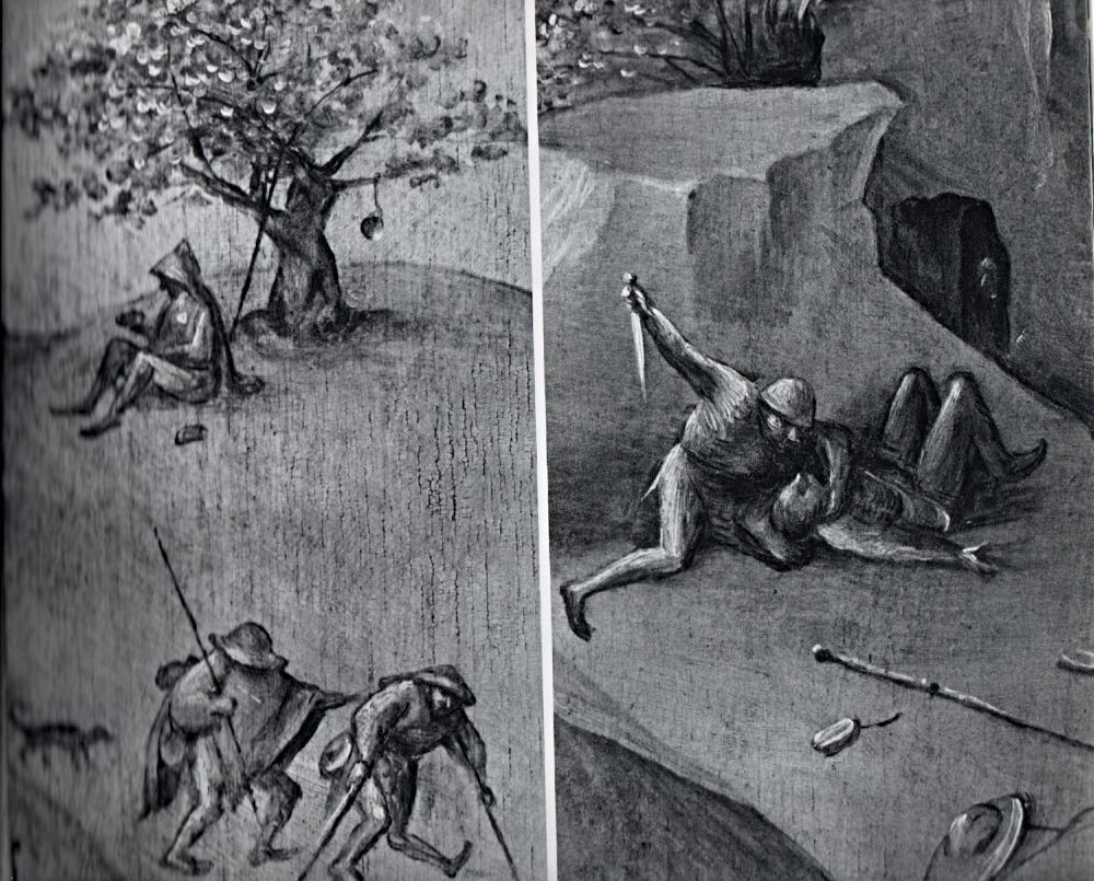 Details uit 'Jacobus de Meerdere als pelgrim'. Links: De kreupele helpt de blinde. Rechts: De moord op de pelgrim.