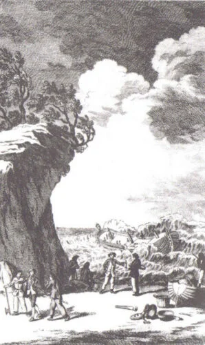 De schipbreuk van The Wager, afbeelding op de titelplaat van het verslag van John Byron