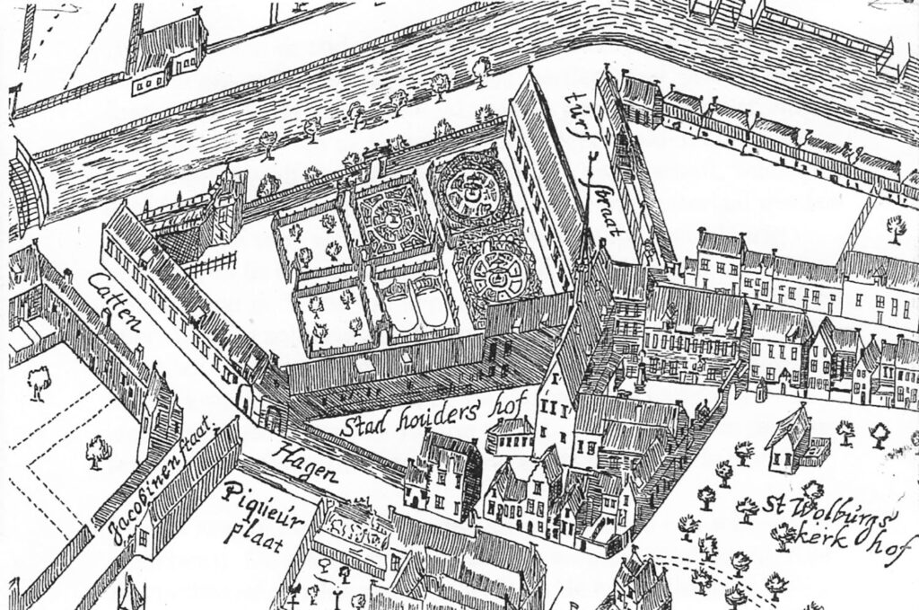 Uitsnede van de vogelverluchtkaart van de stad Groningen uit 1643 van Egbert Haubois