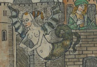 Illustratie uit het volksboek van Geraert Leeu, Antwerpen 1491. Meluzine, met staart en vleugels, vliegt weg, haar man Remond in kasteel achterlatend.