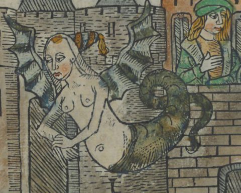 Illustratie uit het volksboek van Geraert Leeu, Antwerpen 1491. Meluzine, met staart en vleugels, vliegt weg, haar man Remond in kasteel achterlatend.