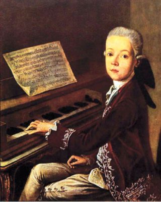 Geschilderd portret van Mozart op negen- of tienjarige leeftijd