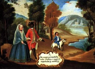 Achttiende-eeuws schilderij van Miguel Cabrera met als onderschrift: "Uit een zwarte en een Spaanse komt een mulat voort".