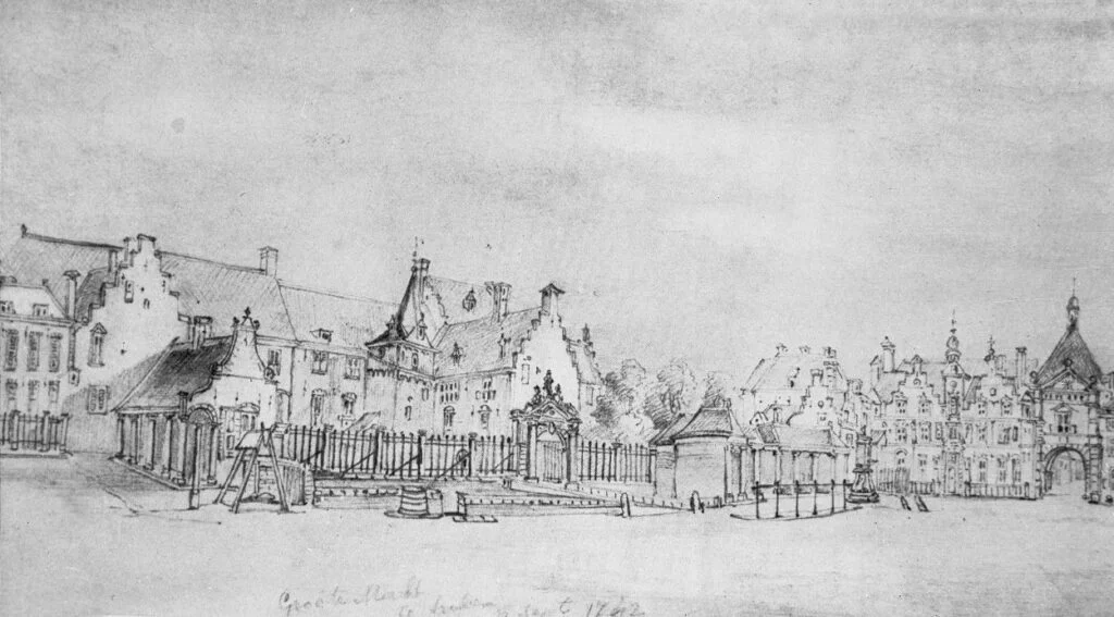 Prinsenhof, de gewestelijke residentie, tekening uit 1856 naar Jan de Beijer, 1742