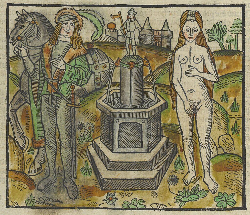 Remond ontmoet Melusine bij een fontein - Illustratie uit het volksboek van Geraert Leeu, Antwerpen 1491