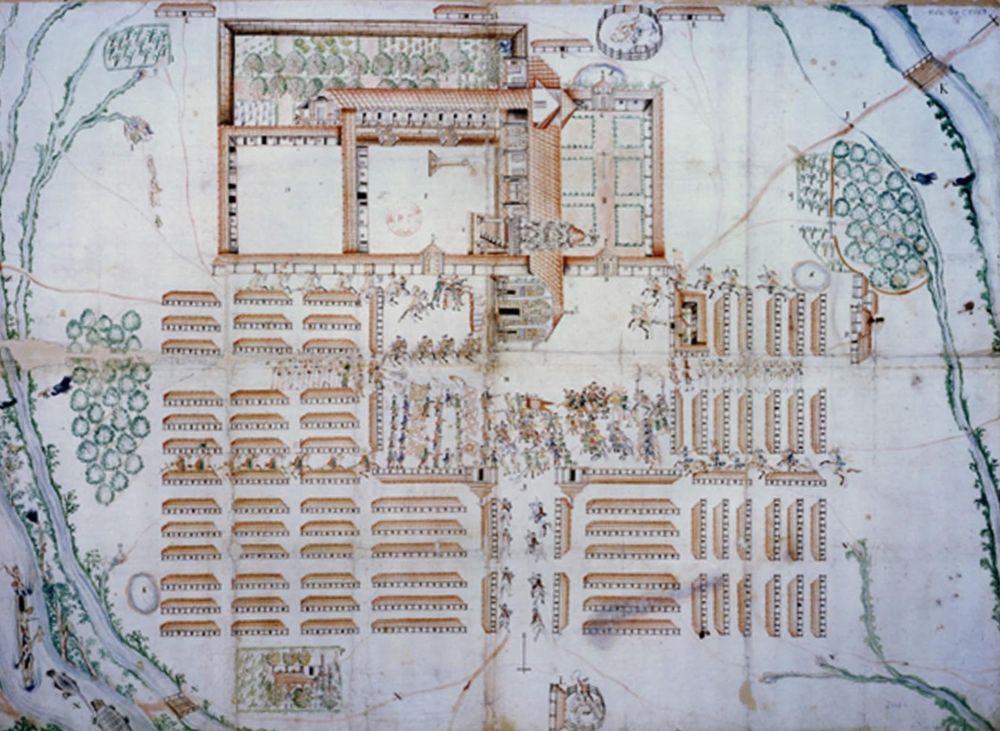 Plattegrond van de reductie van San Juan Bautista in Paraguay, vervaardigd in 1756.