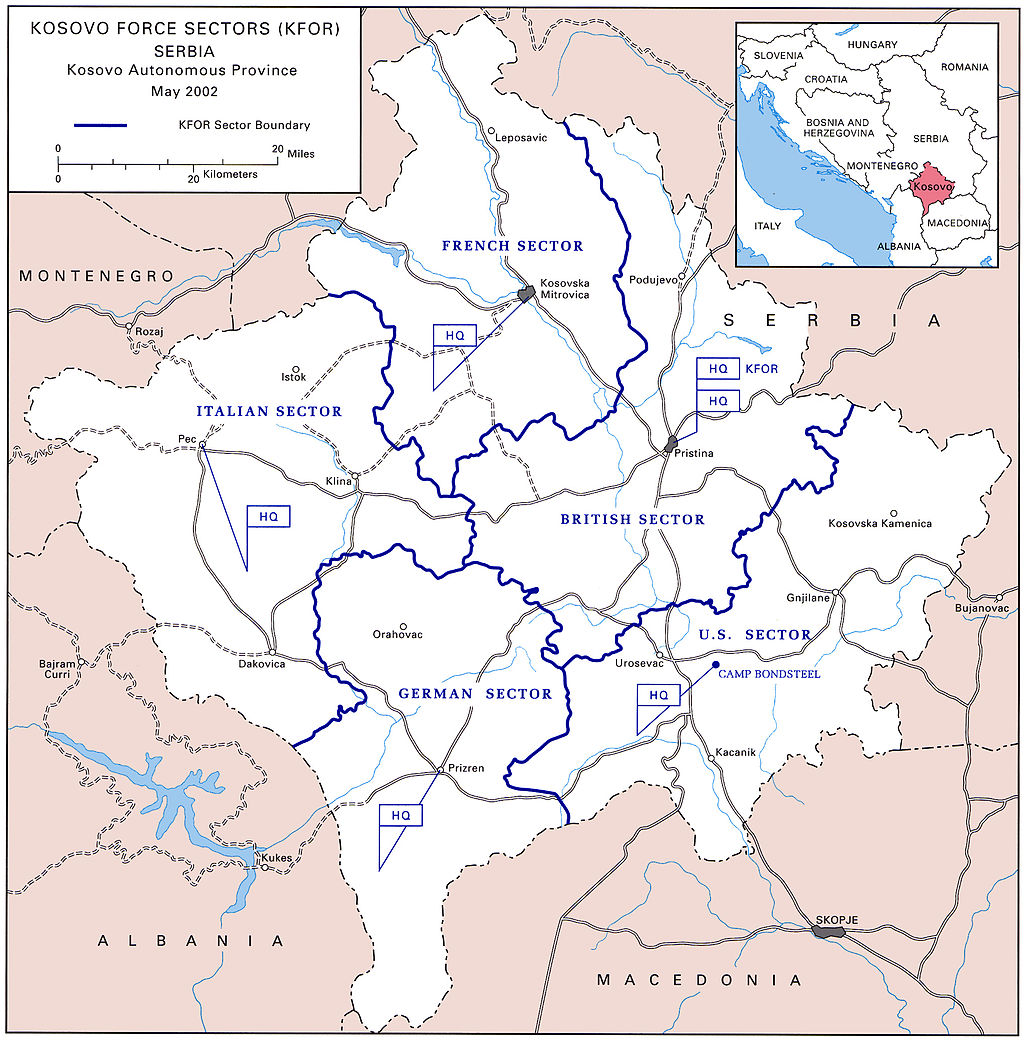 Sectoren van de Kosovo Force (KFOR) in 2002