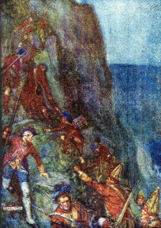 De Britse soldaten beklimmen de klif te Anse au-Foulon. Afbeelding uit het boek “Our Empire Story” door Henrietta Elizabeth Marshall, 1908.