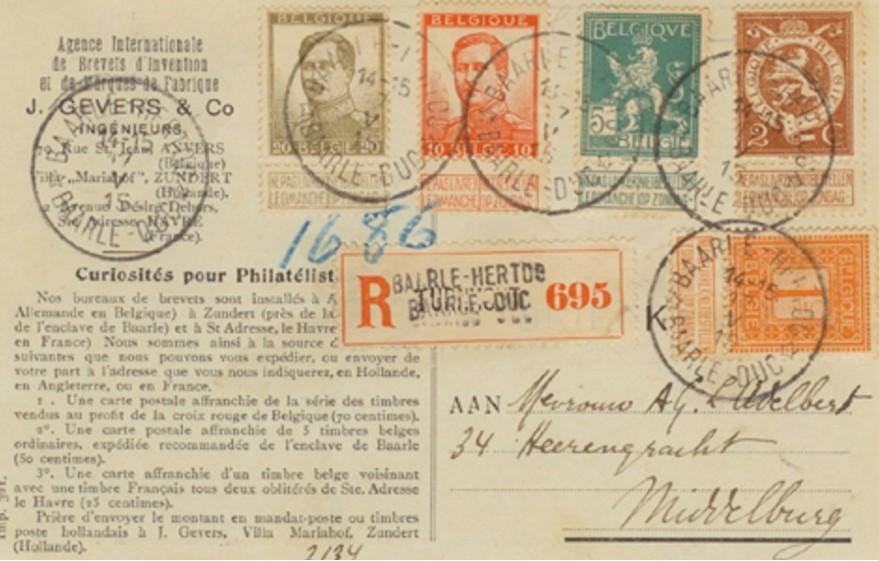 Briefkaart van Jacques Gevers met oorlogszegels voor Nederlandse verzamelaars die via het postkantoor van Baarle-Hertog verstuurd werd.