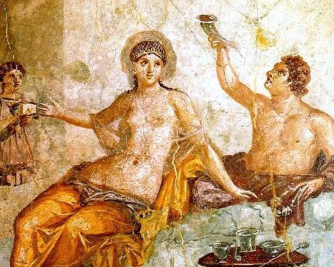 Fresco van een Grieks drinkgelag in een Romeins huis uit de eerste eeuw in Herculaneum