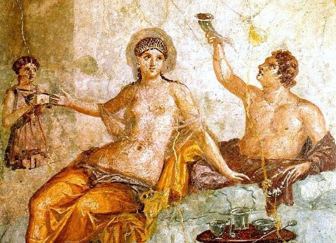 Fresco van een Grieks drinkgelag in een Romeins huis uit de eerste eeuw in Herculaneum